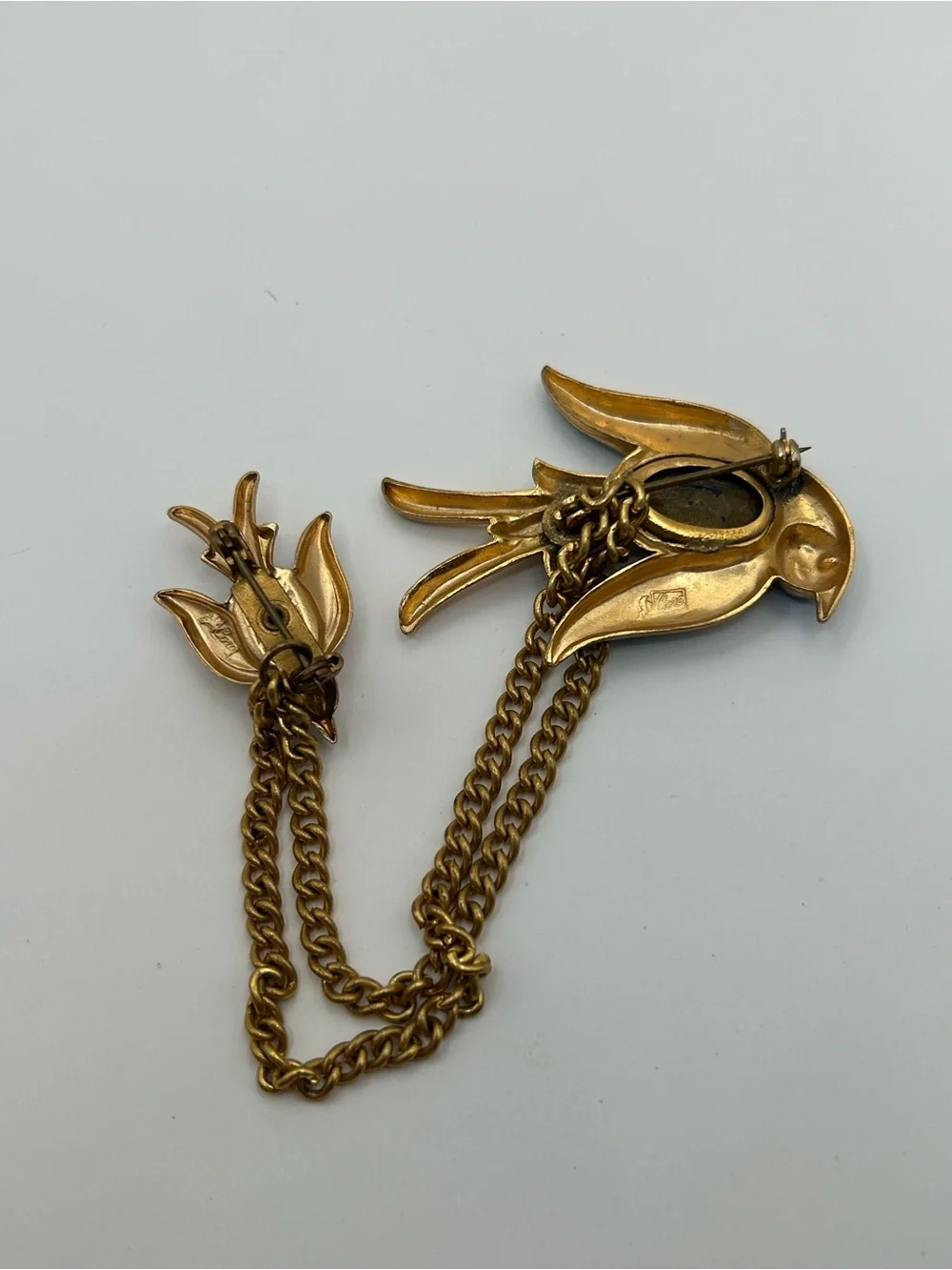 Vintage Coro Pegasus Blue Enamel Bird Chain Brooch - Elegant Blue Crystal Accent